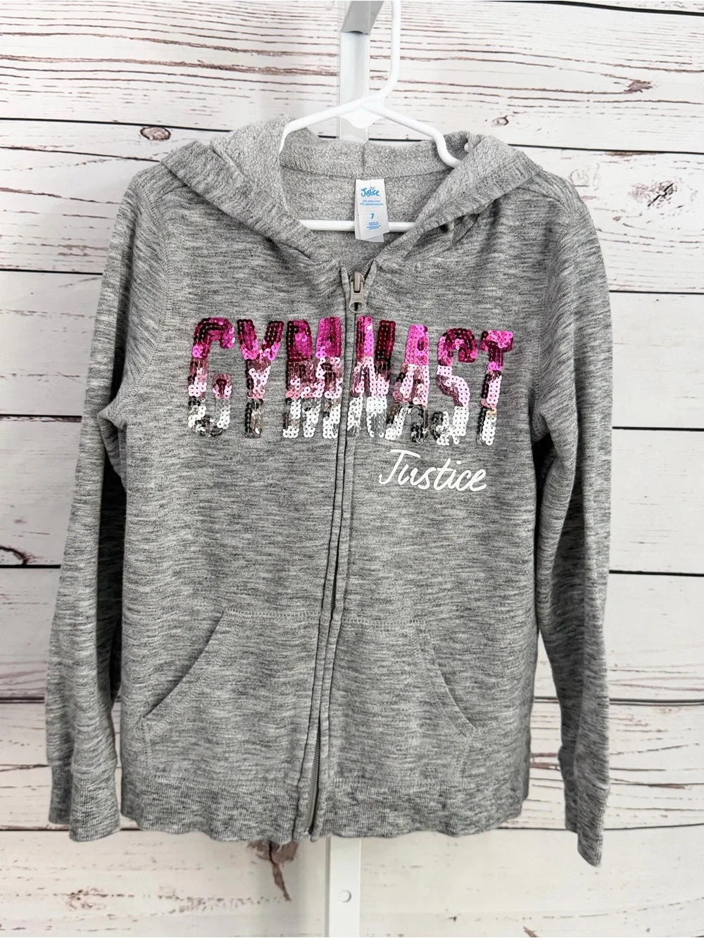 Justice Gray Zip Hoodie with Pink and Silver Sequin 'GYMNAST' Size 7